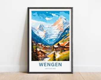 Wengen Travel Print - Wengen Poster, Schweiz Wandkunst, gerahmtes Geschenk, Geschenk Schweiz