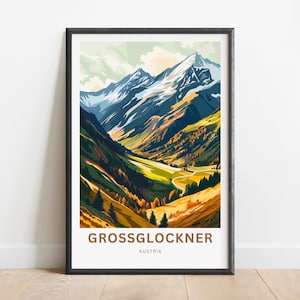 以下が含まれることがあります： 谷に蛇行する道路のある山脈のカラフルなイラスト。画像の下部に「GROSSGLOCKNER AUSTRIA」というテキストがあります。