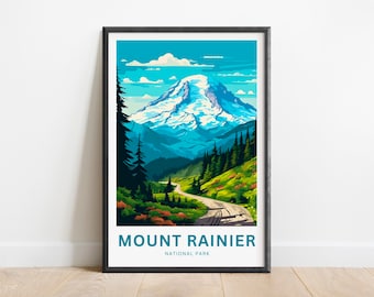 May include: A vintage-style poster featuring a scenic view of Mount Rainier National Park. The poster depicts a winding road leading up to a snow-capped mountain peak with lush green trees and a blue sky with white clouds.