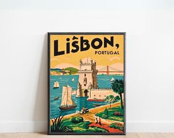 Cartel de viaje vintage de Lisboa - Impresión de Lisboa, Arte de la pared de Portugal, Presente enmarcado, Regalo Portugal presente