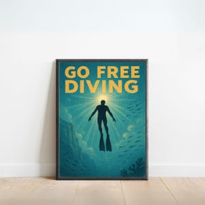 Arte mural de apnea: póster vintage de aventuras oceánicas para apneístas y amantes del mar.