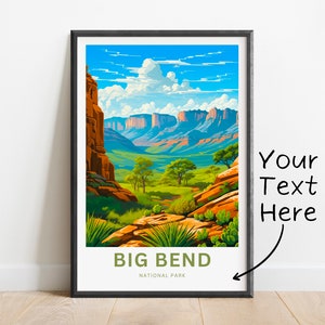 Impresión de viaje al Parque Nacional Big Bend: póster de Big Bend, arte de pared de Texas, regalo enmarcado, regalo de Estados Unidos, texto personalizado