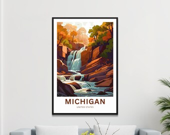 ミシガン州の滝のアートプリント：ボンド滝の旅行ポスター - Etsy 日本
