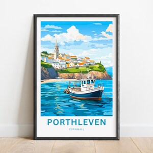 May include: A colorful illustration of a small town on a cliff overlooking a blue ocean with a white fishing boat in the water. The text "PORTHLEVEN CORNWALL" is at the bottom of the image.