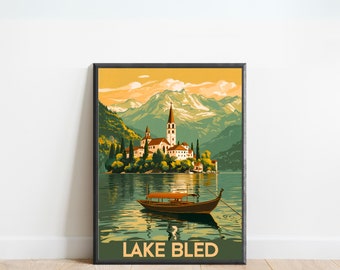 Lake Bled Vintage Travel Poster - Lake Bled print, Slovenia Vintage Wall Art, Framed present, Gift Slovenia Present