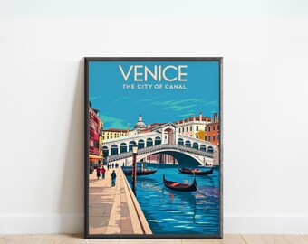 May include: A vintage travel poster featuring a colorful illustration of the Rialto Bridge in Venice, Italy. The poster has the text "Venice, The City of Canal" at the top.