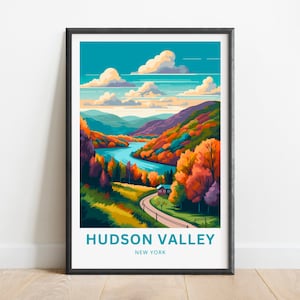 May include: A colorful illustration of a scenic view of the Hudson Valley in New York. The image features a winding river, rolling hills, and a small house in the distance. The trees are depicted in vibrant shades of orange, red, and yellow, suggesting autumn foliage. The text "HUDSON VALLEY NEW YORK" is displayed at the bottom of the image.