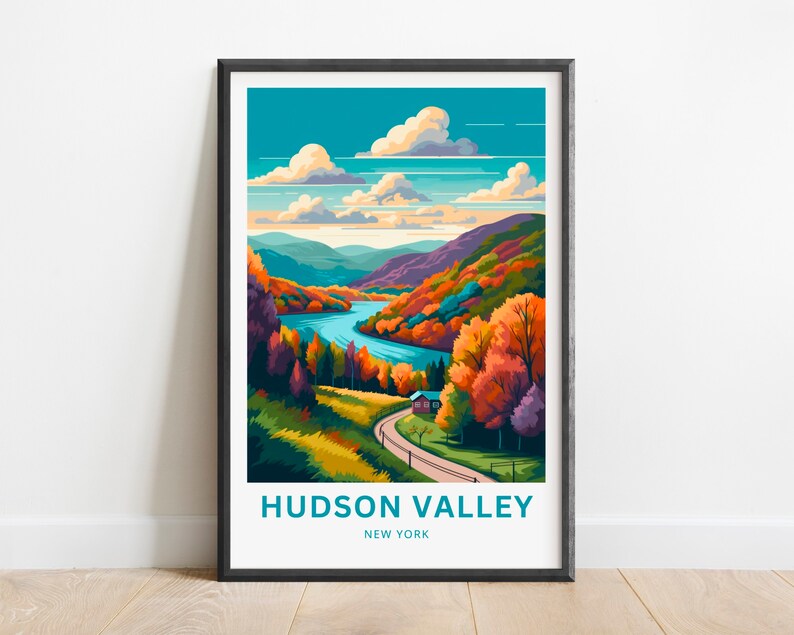May include: A colorful illustration of a scenic view of the Hudson Valley in New York. The image features a winding river, rolling hills, and a small house in the distance. The trees are depicted in vibrant shades of orange, red, and yellow, suggesting autumn foliage. The text "HUDSON VALLEY NEW YORK" is displayed at the bottom of the image.