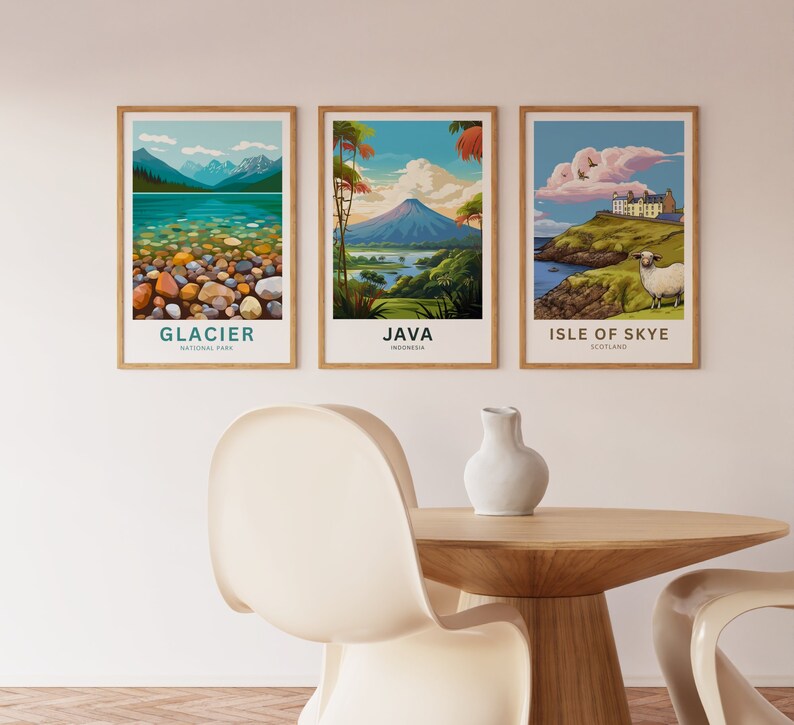 May include: Three framed travel posters. The first depicts Glacier National Park with a lake and mountains. The second shows a volcano in Java, Indonesia. The third features the Isle of Skye, Scotland, with a sheep.
