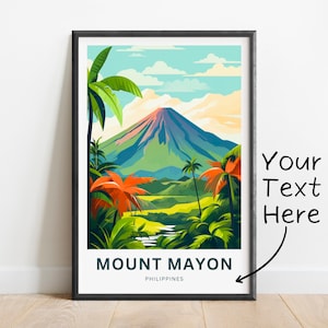 May include: A colorful illustration of Mount Mayon, a volcano in the Philippines, with lush green vegetation and palm trees. The text "MOUNT MAYON" and "PHILIPPINES" is printed below the image.