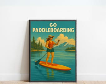 Póster de paddleboarding: Arte mural retro de aventura en el lago / Impresión vintage de tabla de paddle surf / Decoración natural para exteriores para cabañas o alojamientos