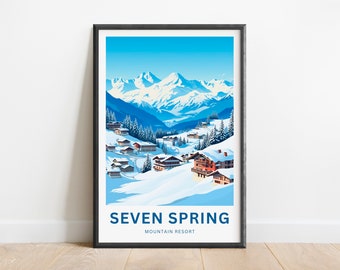 Könnte beinhalten: Ein Poster mit einer blauen und weißen Illustration eines Bergdorfes mit schneebedeckten Bergen im Hintergrund. Der Text "SEVEN SPRING MOUNTAIN RESORT" befindet sich am unteren Rand des Posters.