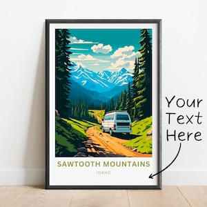 Personalized Sawtooth Mountains Travel Print - Sawtooth Mountains poster, Idaho Wall Art, Framed present, Gift United States Present