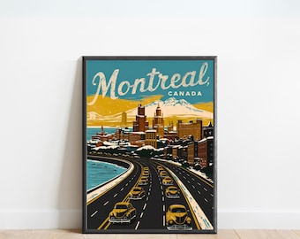 Op de afbeelding: Een vintage reisposter met een stadsbeeld van Montreal, Canada, met een weg die naar de stad leidt. De poster heeft een blauw, geel en bruin kleurenschema en een retro lettertype. De tekst op de poster luidt "Montreal, Canada".