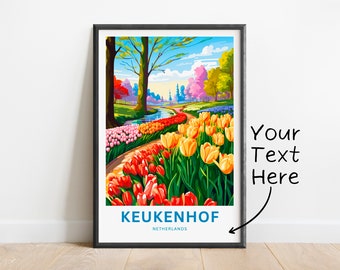 May include: A colourful painting of a garden path lined with tulips in shades of red, yellow, and pink. The path leads to a small stream and a lush green forest in the background. The text "KEUKENHOF NETHERLANDS" is at the bottom of the painting.