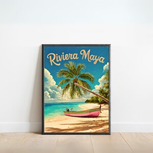 Pôster de viagem vintage Riviera Maya - Impressão Riviera Maya, arte de parede do México, emoldurada, presente México presente