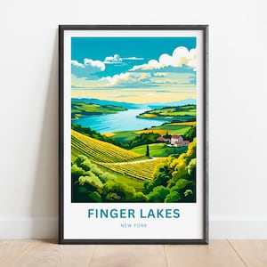 Finger Lakes Travel Print - Cartel de Finger Lakes, Arte de la pared de Nueva York, Regalo enmarcado, Regalo Nueva York Presente