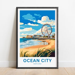 Ocean City Travel Print - Cartel de Ocean City, Arte de la pared de Maryland, Presente enmarcado, Regalo Maryland Presente