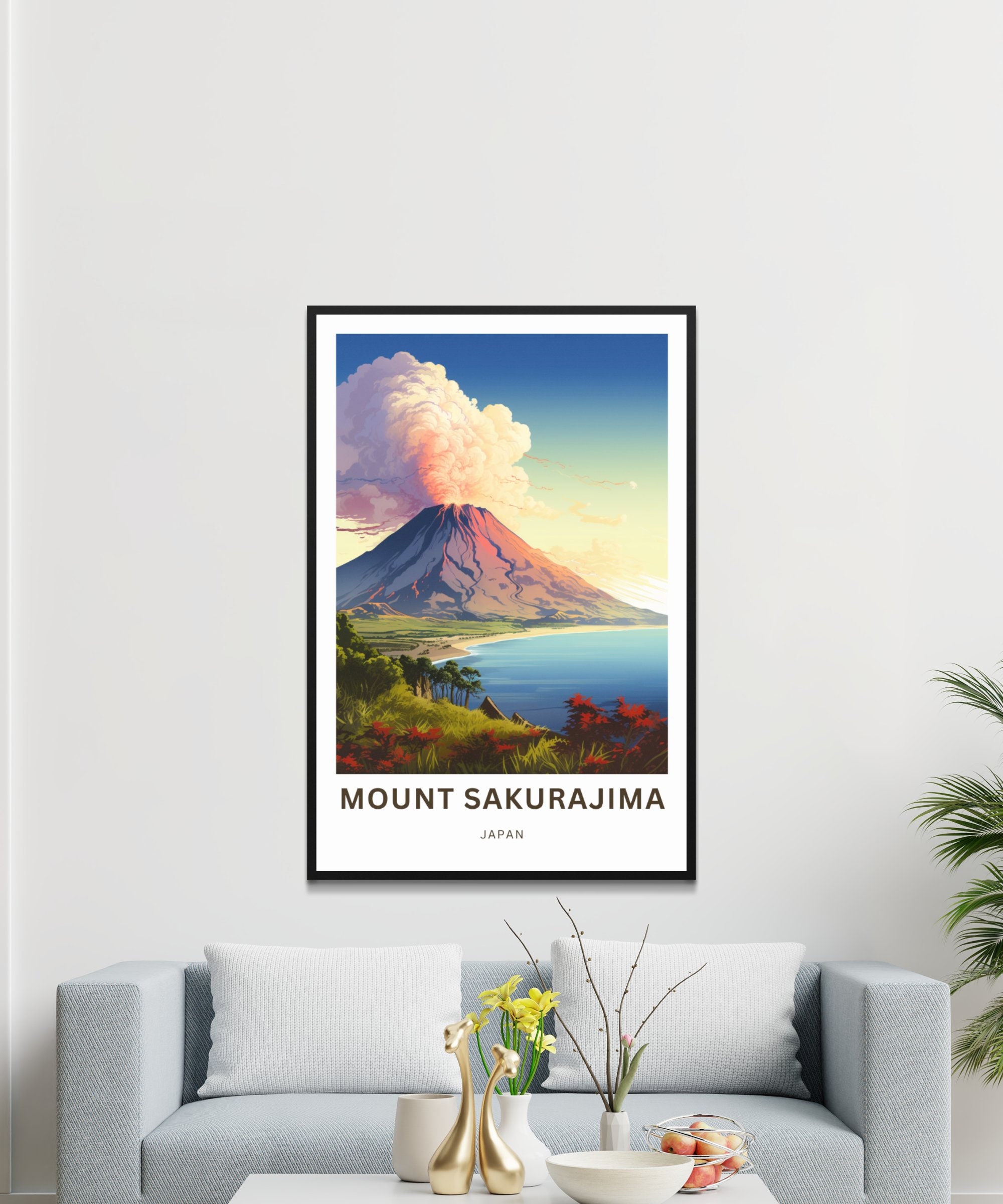 桜島山旅行プリント - 桜島山ポスター、日本の壁アート、額入り