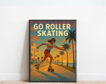 Roller Skating Poster – Vintage Roller Skating Wall Art for Skaters | Beach Skating Poster for Retro Vibe and Summer Decoration