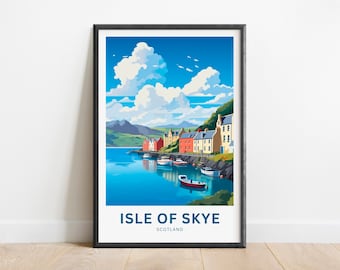 May include: A colorful illustration of a harbor town on the Isle of Skye in Scotland. The image features a row of colorful houses along the waterfront, with boats docked in the harbor. The sky is blue with white clouds.