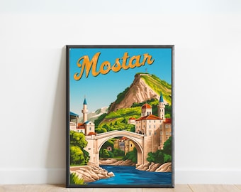 Mostar Vintage Reiseplakat - Mostar Druck, Bosnien Wandkunst, gerahmt, Geschenk Bosnien vorhanden