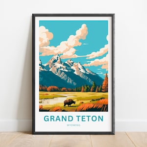 Grand Teton Reisedruck - Grand Teton Poster, Nationalpark Wandkunst, gerahmtes Geschenk, Geschenk Wyoming Geschenk