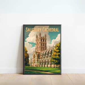 Salisbury Cathedral Vintage Travel Poster - York print, England Wall Art, Framed present, Gift England Present