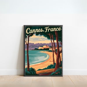 Cartel de viaje vintage de Cannes - Impresión de Cannes, Arte de la pared de la Riviera francesa, Presente enmarcado, Regalo Francia presente