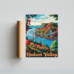 May include: A colorful illustration of a bridge over a river with fall foliage on the hillsides. The text "Hudson Valley" is at the bottom of the image.