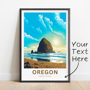 Puede incluir: Una ilustración colorida de Haystack Rock, un famoso hito en Oregón, con un cielo azul y el océano en el fondo. El texto "OREGON, UNITED STATES" está en la parte inferior de la imagen.
