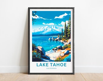 May include: A colorful illustration of Lake Tahoe, California. The image features a mountain range in the background, a blue lake in the foreground, and a rocky shoreline with trees. The text "LAKE TAHOE" and "CALIFORNIA" is printed below the image.
