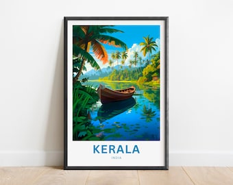 May include: A vintage travel poster featuring a scenic view of a lush tropical landscape in Kerala, India. The poster depicts a tranquil river with a wooden boat floating on the water, surrounded by palm trees and lush greenery. The text "KERALA INDIA" is displayed at the bottom of the poster.