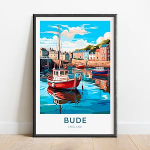 Bude Travel Print - Bude Cornwall Poster, Cornwall, England Wall Art, Framed present, Gift England Present