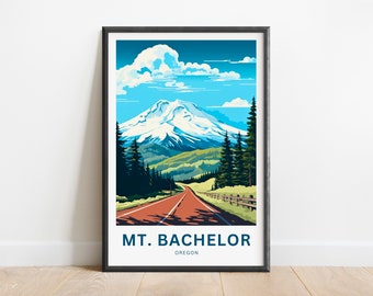 Mount Bachelor Travel Print - Cartel de Mount Bachelor, Arte de la pared de Oregón, Regalo enmarcado, Regalo de Oregón Presente
