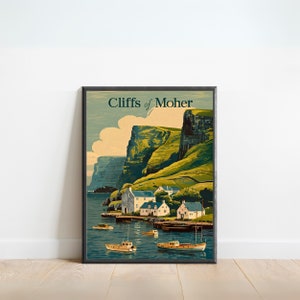 Cliffs of Moher Vintage Reiseplakat - Cliffs of Moher Druck, Irland Wandkunst, gerahmt, Geschenk Irland Geschenk