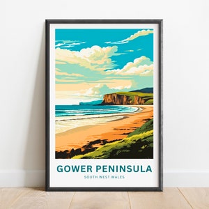Gower Peninsula Travel Print - Gower Peninsula poster, South Wales Wall Art, Framed present, Gift England Present