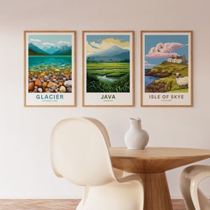 May include: Three framed landscape prints with colourful illustrations of Glacier National Park, Java, Indonesia, and Isle of Skye, Scotland. Each print features the name of the location and its country.