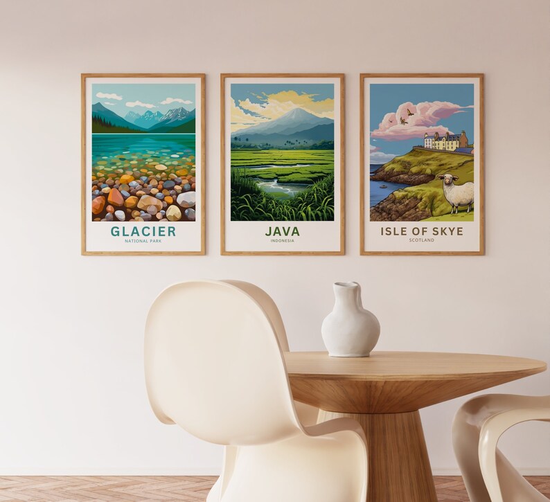 May include: Three framed landscape prints with colourful illustrations of Glacier National Park, Java, Indonesia, and Isle of Skye, Scotland. Each print features the name of the location and its country.