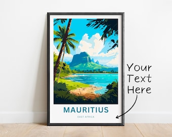 Może przedstawiać: Kolorowy plakat podróżniczy przedstawiający tropikalną wyspę z górą w tle, palmami i plażą. Tekst "MAURITIUS EAST AFRICA" znajduje się na dole plakatu.