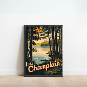 Vintage reisposter Lake Champlain - Lake Champlain-print, New York Wall Art, ingelijst, cadeau Vermont Present