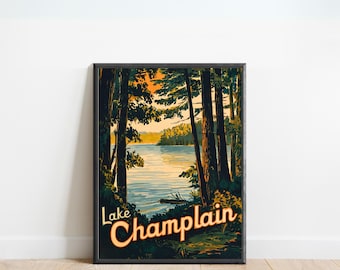 Lake Champlain Vintage Travel Poster - Lake Champlain Print, New York Wall Art, Framed, Gift Vermont Present