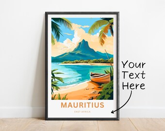 Może przedstawiać: Kolorowa ilustracja tropikalnej sceny wyspy z górą, palmami, plażą i małą łodzią. Tekst "Mauritius, Afryka Wschodnia" znajduje się na dole obrazu.