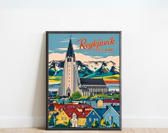 Cartel de viaje vintage de Reykjavik - Impresión de Reykjavik, Arte de la pared de Islandia, Presente enmarcado, Regalo Islandia presente