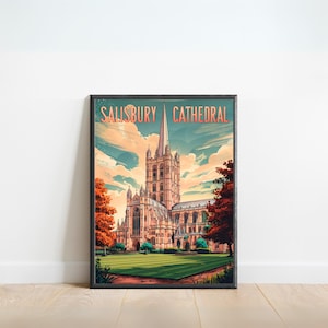 Salisbury Cathedral Vintage Travel Poster - York print, England Wall Art, Framed present, Gift England Present