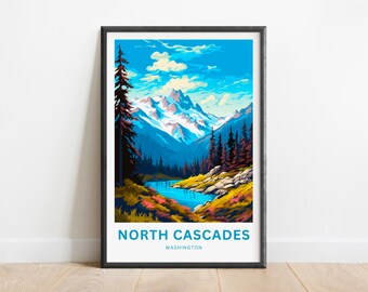 May include: A vintage-style travel poster featuring a scenic view of the North Cascades in Washington state. The poster depicts a blue lake surrounded by lush green trees and snow-capped mountains under a bright blue sky with fluffy white clouds.