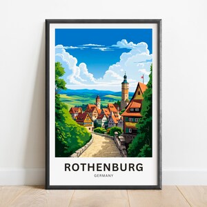 以下が含まれることがあります： ドイツのロテンブルク・オブ・デア・タウバーの街を描いたカラフルなイラスト。街に向かって曲がりくねった道が描かれており、背景には建物と高い塔が建っています。空は白雲のある青い空です。画像の下には「ロテンブルク」と「ドイツ」の文字が印刷されています。
