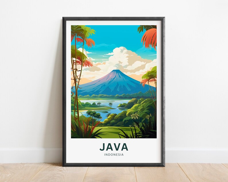 May include: A framed art print featuring a vibrant landscape of Java, Indonesia. The artwork depicts a blue mountain, a lake, and lush green vegetation under a bright blue sky with fluffy clouds. The word "JAVA" is printed at the bottom.
