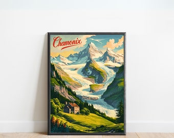 Chamonix Vintage Travel Poster - Chamonix print, France Wall Art, Framed present, Gift French Alps Present