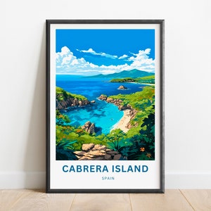 May include: A framed poster with a colorful illustration of a tropical island with a beach and turquoise water. The text "CABRERA ISLAND SPAIN" is at the bottom of the poster.